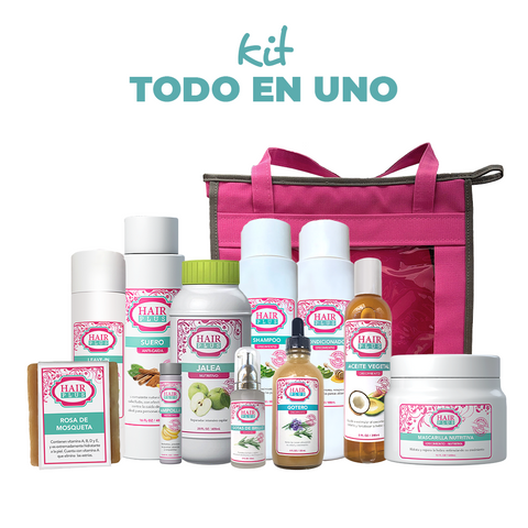 Shampoo 16oz - Conditioner 16oz - Suero 16oz - Leaven in 8oz - natural oil 8oz -Jalea Penetre 16oz - Ampolla - Gota de Brillo - Gotero de Crecimiento - Mascarilla - Jabón Rosa de Mosqueta - Bolso