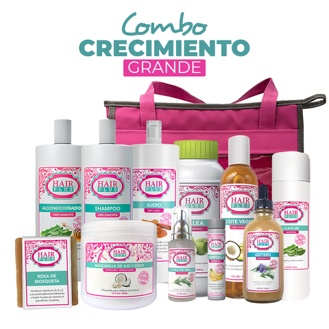 Shampoo 32oz - Conditioner 32oz - Suero 32oz - Jalea Penetre 20oz - Aceite 8oz -Mascarilla Ajo y Coco - Leave in 8 oz - Gotero De Crecimiento - Gota De Brillo - Ampolla - Jabon mosqueta - bolso.