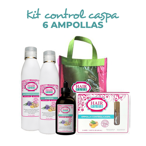 Shampoo A/C 16oz - Conditioner A/C 16oz - Gotero A/C - Ampolla Control-Caspa (6 unidades) - Bolso.