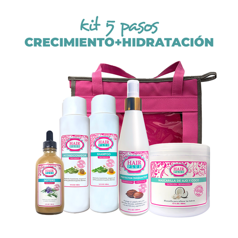 Shampoo 16oz - Conditioner 16oz - Protector Termoactivo - Mascarilla De Ajo y Coco - Gotero De Crecimiento - Bolso.