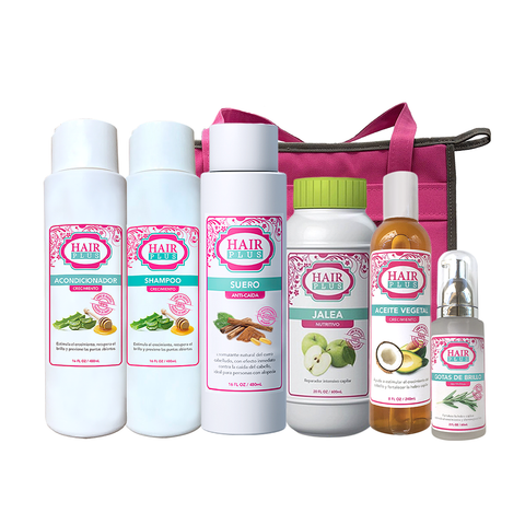 Shampoo 16oz - Conditioner 16oz - Suero 16oz - Jalea Penetre 16oz - Aceite 8oz - Gota De Brillo - Bolso.