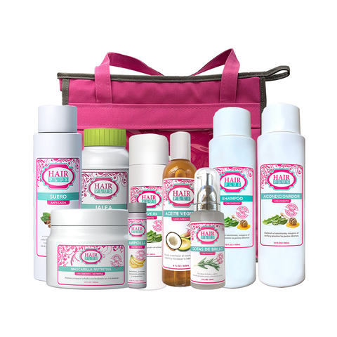 Shampoo 16oz - Conditioner 16oz - Suero 16oz - Leaven in 8oz - Natural oil 8oz -Jalea Penetre 16oz - Ampolla - Gota de Brillo - Mascarilla - Bolso.