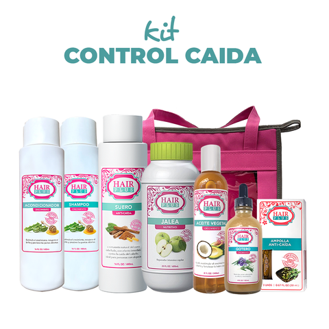 Shampoo 16oz - Conditioner 16oz - Suero 16oz - Aceite 8oz - Jalea 16oz - Gotero de Crecimiento - Ampolla Anti-caida (3 unidades) - Bolso.
