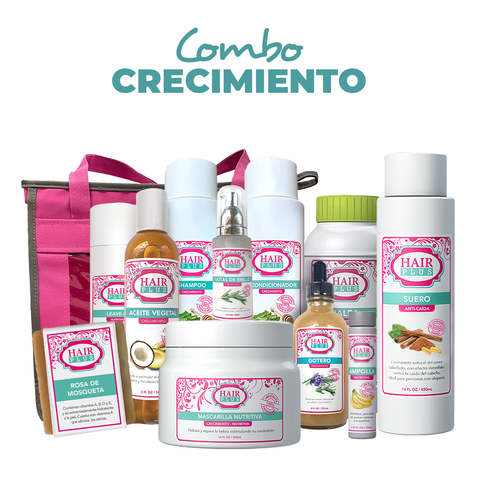 Shampoo 16oz - Conditioner 16oz - Suero 16oz - Leaven in 8oz - natural oil 8oz -Jalea Penetre 16oz - Ampolla - Gota de Brillo - Gotero de Crecimiento - Mascarilla - Jabón Rosa de Mosqueta - Bolso.