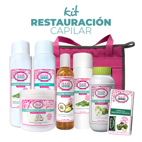 Shampoo 16oz - Conditioner 16oz - Jalea Penetre 20oz - Aceite 8oz -Mascarilla Ajo y Coco - Leave in 8 oz - Ampolla Restructurante (3 unidades) - bolso.